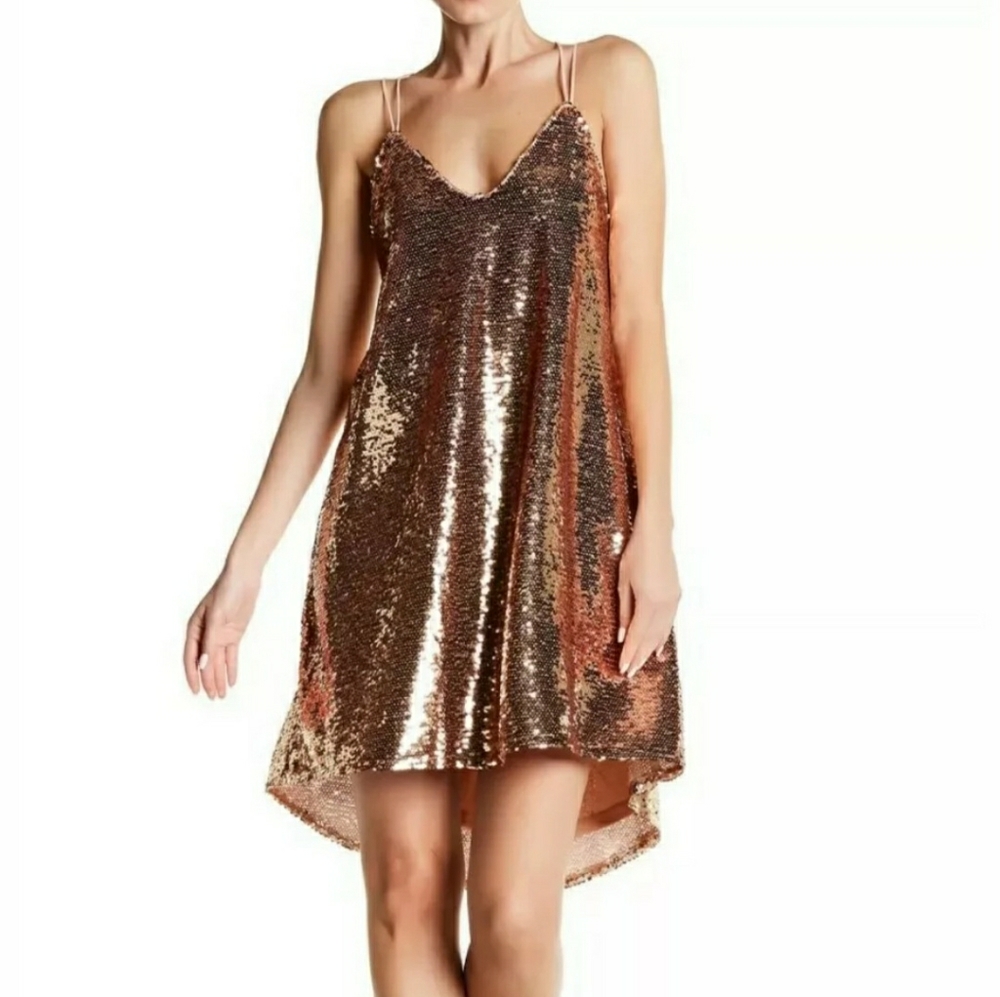 NSR Strappy Sequins High Low Party Dress Rose Gold